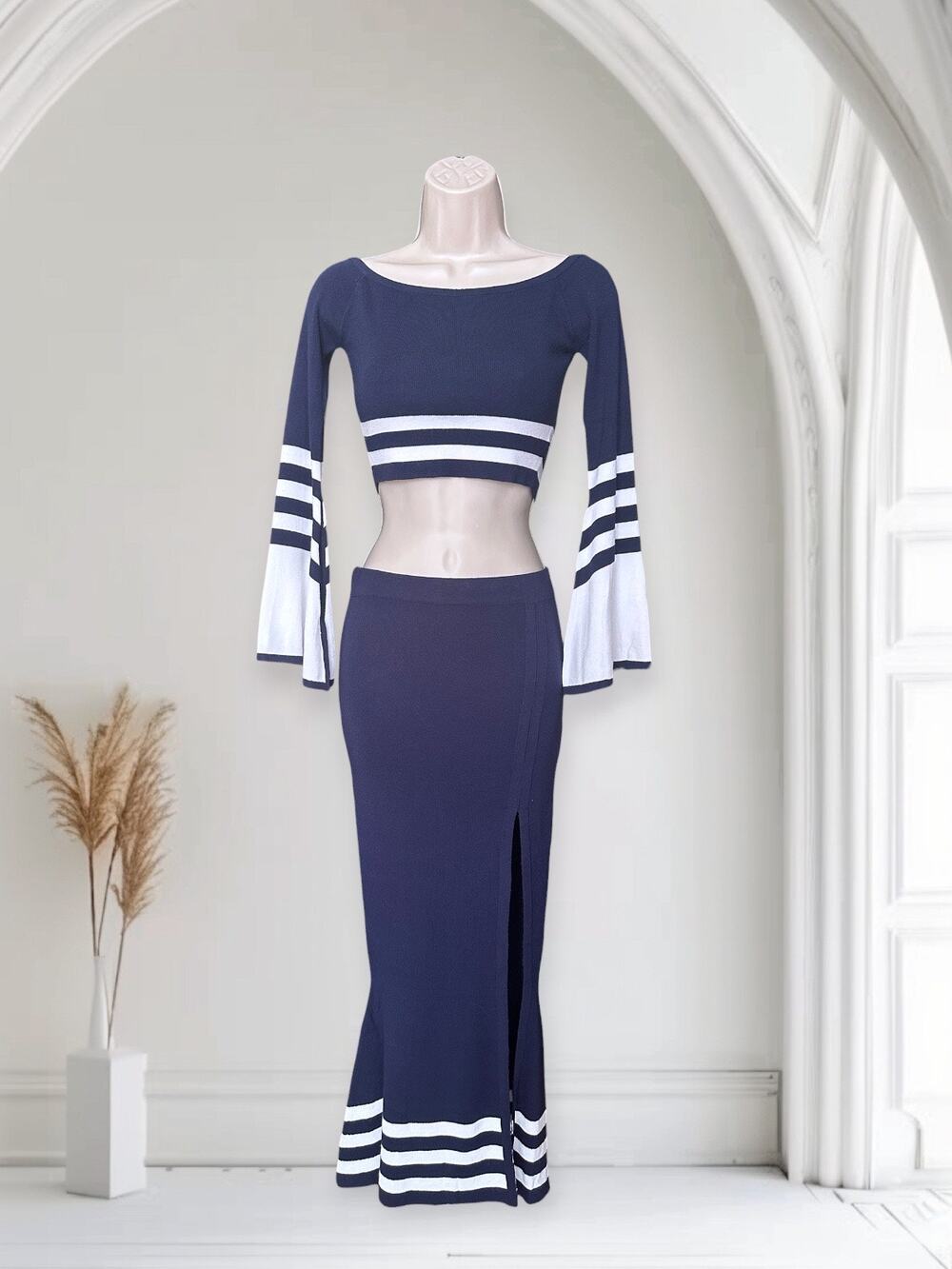 Hera Knitted Mermaid Skirt and Cropped Bell Sleeve Top Size S Blue White Stripe